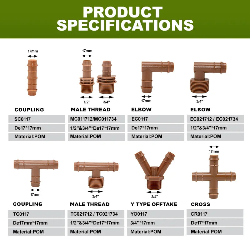 Drip Irrigation System Fittings Kit Connector Tee Elbow Cross Barbed Threaded Plastic 17mm 1/2 Inch Garden Greenhouse