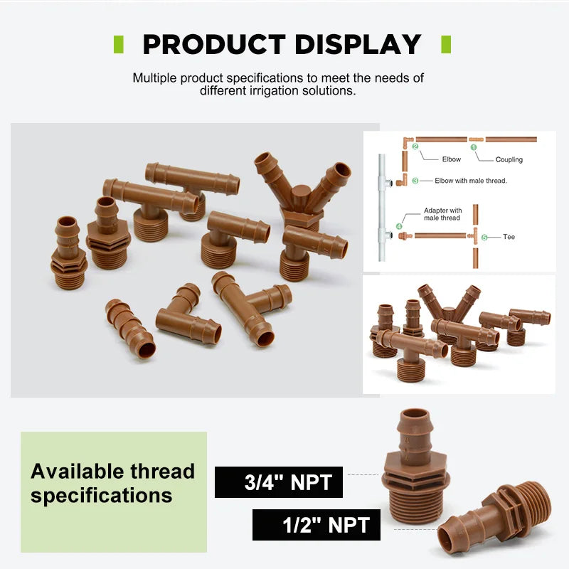 Drip Irrigation System Fittings Kit Connector Tee Elbow Cross Barbed Threaded Plastic 17mm 1/2 Inch Garden Greenhouse