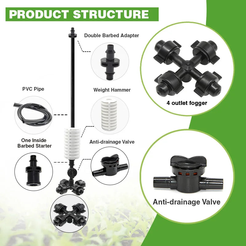 Greenhose Sprinkler Irrigation System 4-way Nozzle Mist Fogger Garden Watering Sprinkler with Hanging Set Kit