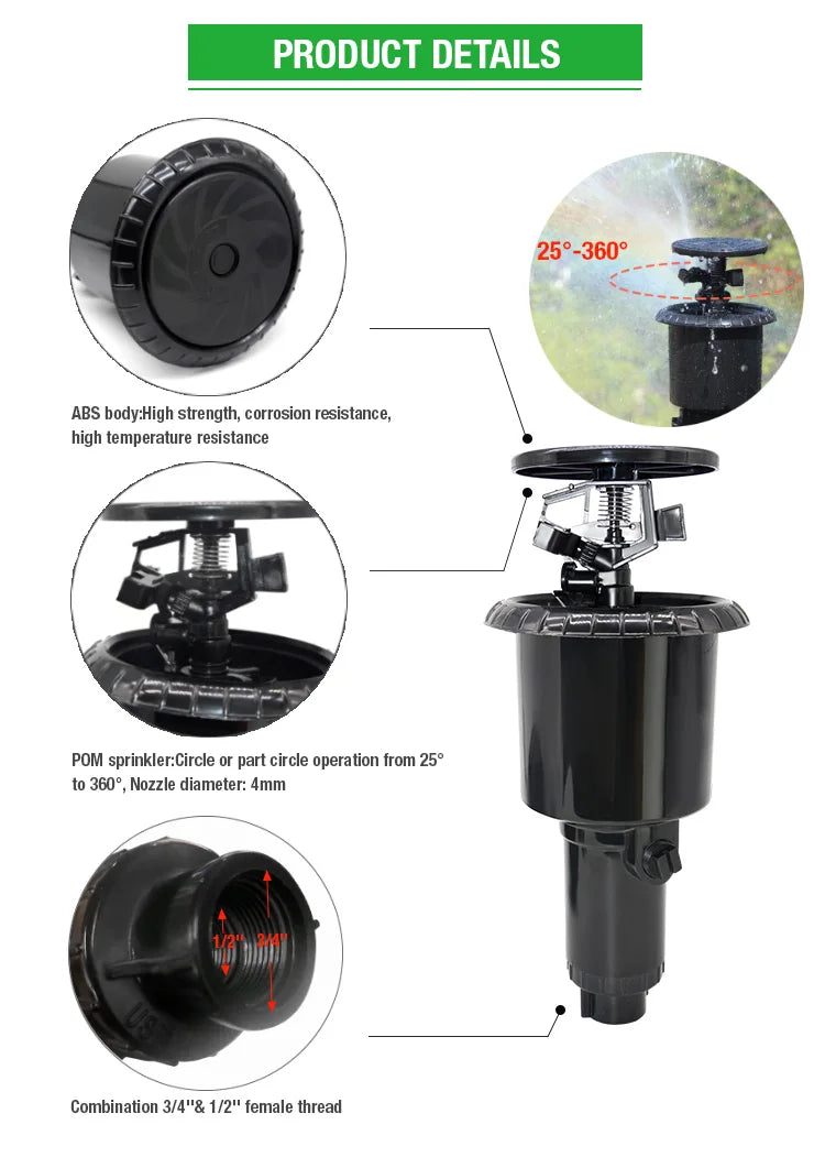 Pop Up Sprinkler for Lawn Garden Irrigation System Automatic Rotating Water Spray 1/2 Inch Thread Adjustable Nozzle