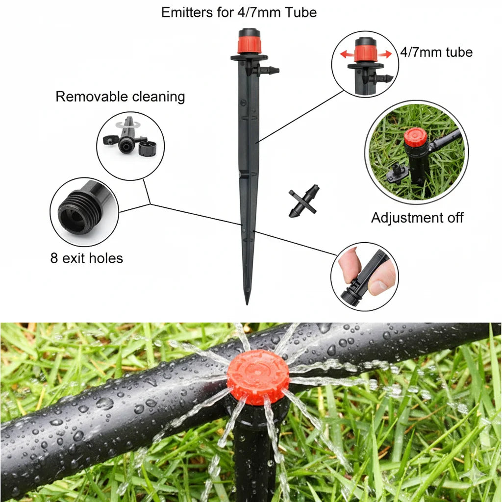 360 Degree Plastic Bubbler Dripper Stake Adjustable Drip Irrigation System Sprayer Water Emitter with Lock for 1/4 Inch Hose
