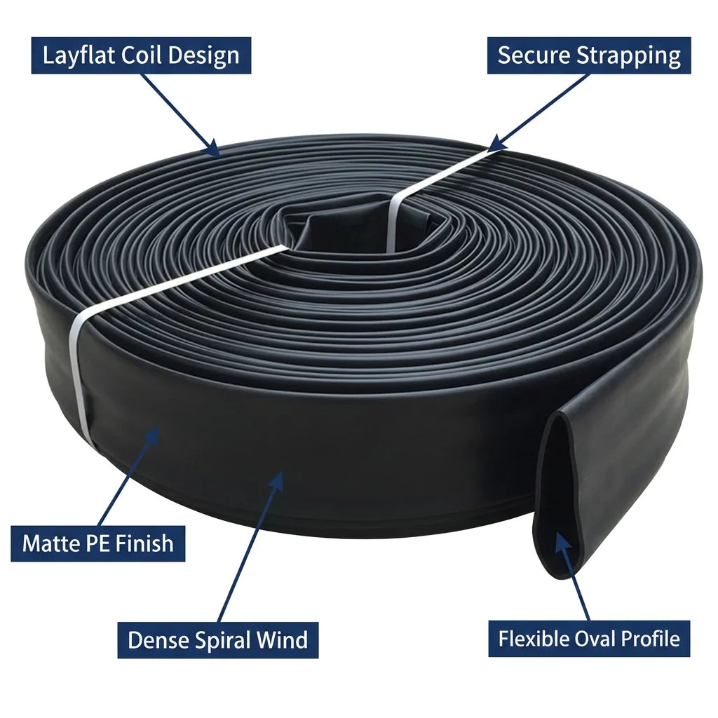 PE Oval Flat Hose for Water Supply Irrigation System Agricultural Garden Watering Hose with 1/2 Inch 3/4 Inch 1 Inch