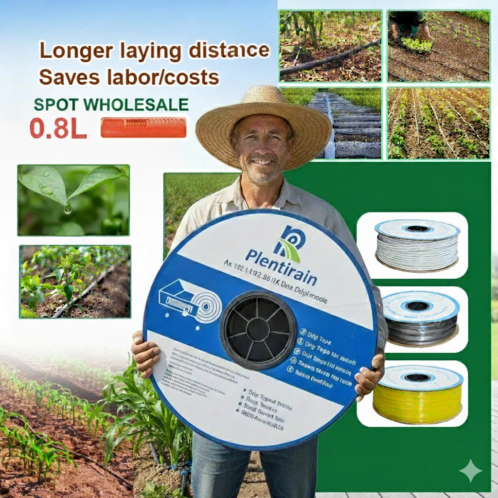 Plentirain Agricultural Water Saving Greenhouse 16mm Drip Irrigation Tape Flat Emitter 0.4mm Thickness 60cm Spacing Black 0.8L/H