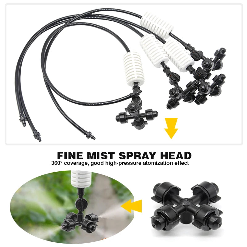 Greenhose Sprinkler Irrigation System 4-way Nozzle Mist Fogger Garden Watering Sprinkler with Hanging Set Kit