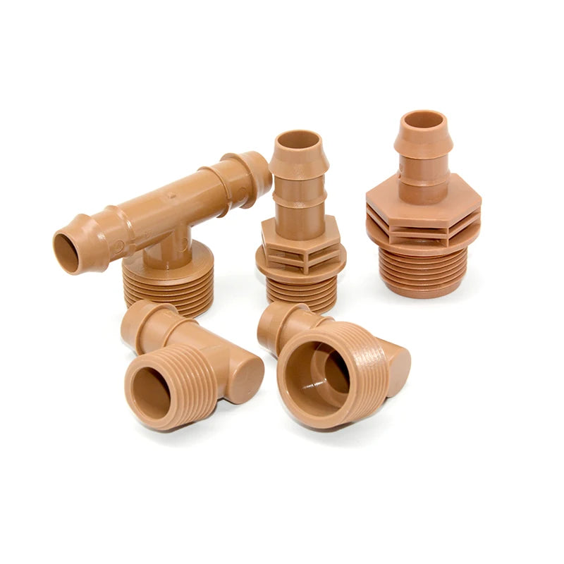 Drip Irrigation Brown Barbed Adapter Coupling Fittings Fits 17mm Drip Tubing