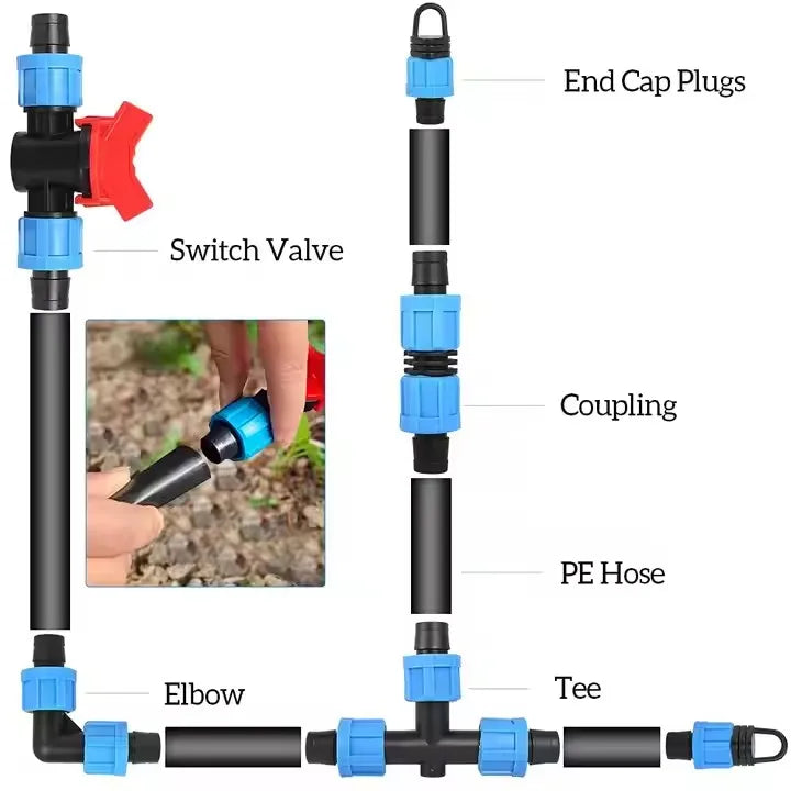 High Pressure Lock Tape Coupler with Valve De17 Drip Irrigation System Adjustable Flow for Greenhouse Vegetable Watering