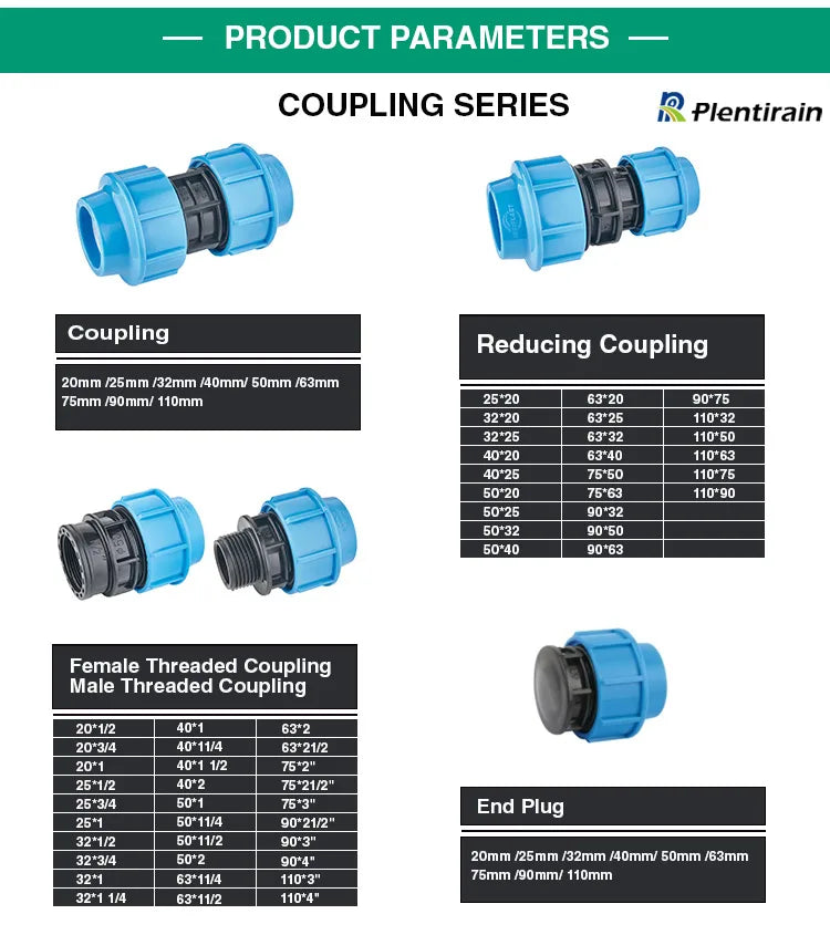 Plentirain PP Compression Fittings HDPE Pipe Coupling PN16 20mm-110mm UV Resistant ISO9001 CE Certified Plumbing Connector for