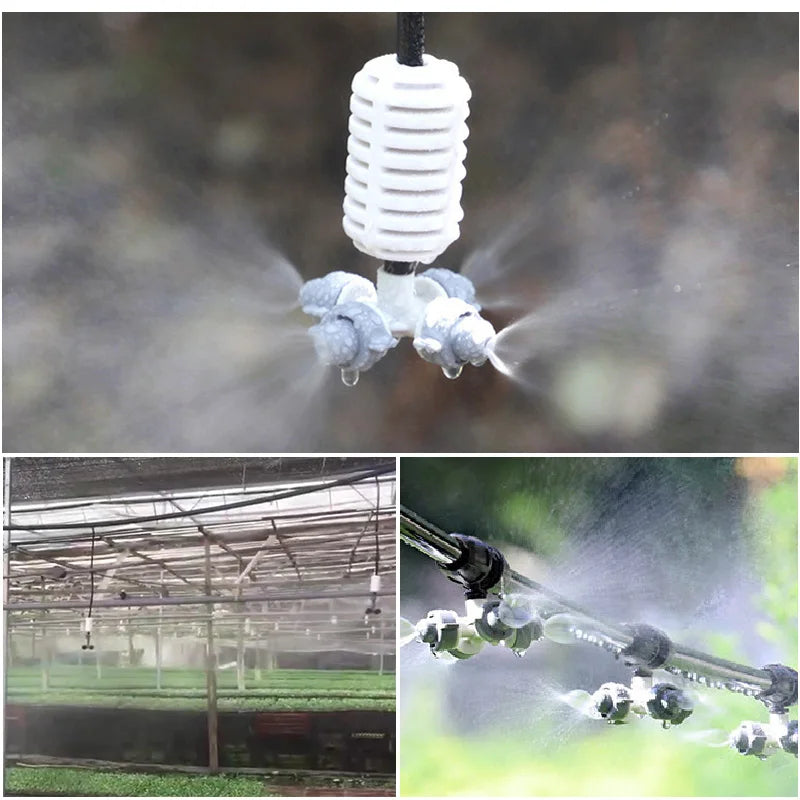 Greenhose Sprinkler Irrigation System 4-way Nozzle Mist Fogger Garden Watering Sprinkler with Hanging Set Kit